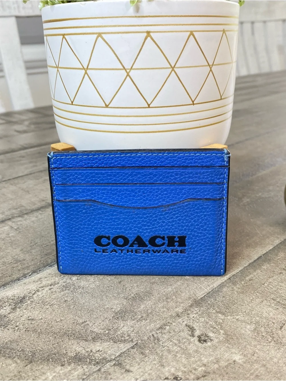 COACH Leatherware Flat Card Case Pebble Leather Blue Wallet Slim Minimalist